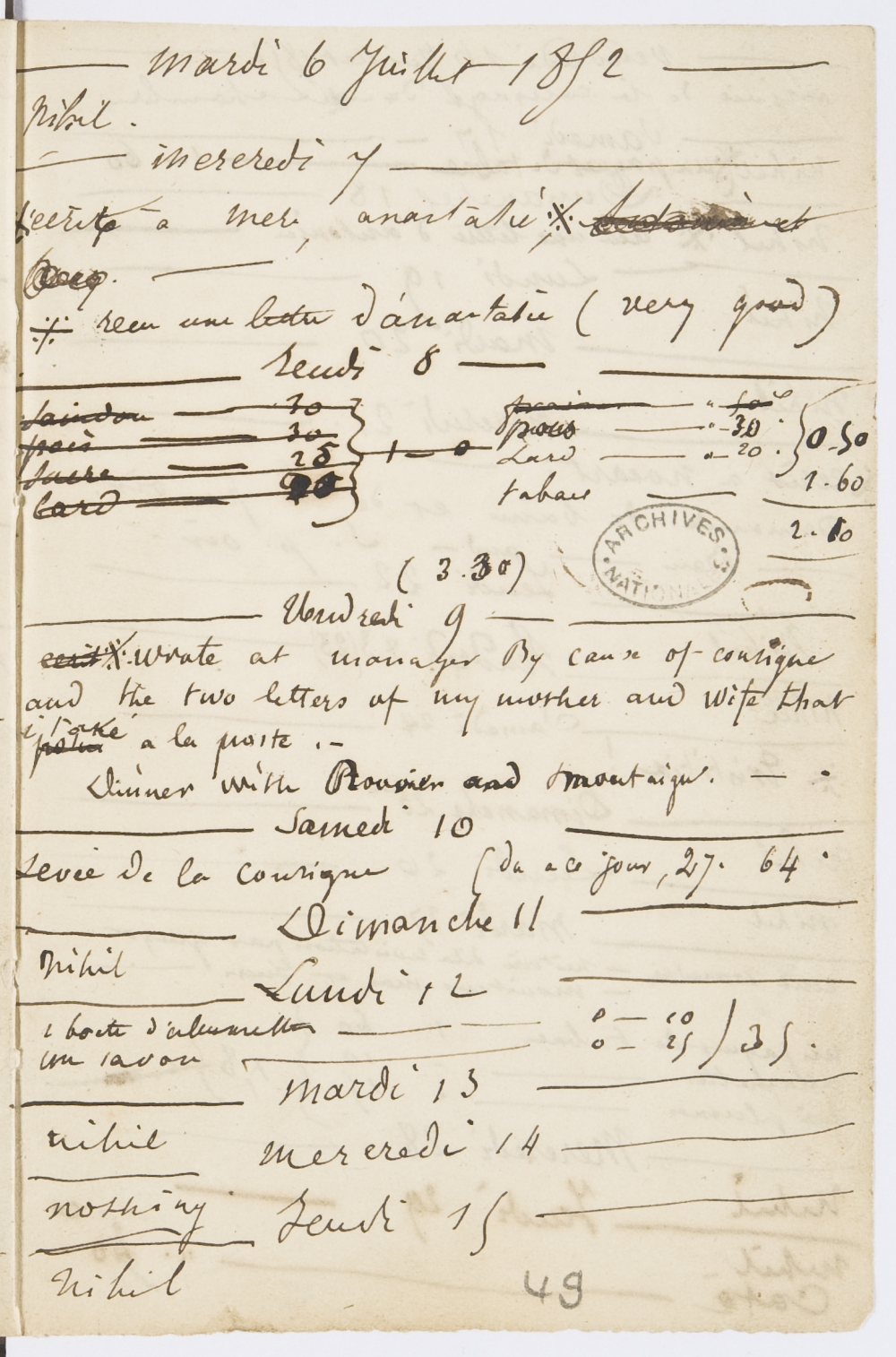 Archives nationales, 494AP/1, dossier 4 : carnet 1, page 49 : cliquer pour consulter l’image avec la visionneuse des Archives nationales